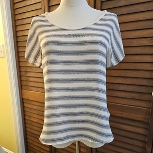 LOFT Mixed Material Striped Short Sleeve Blouse (XSP)